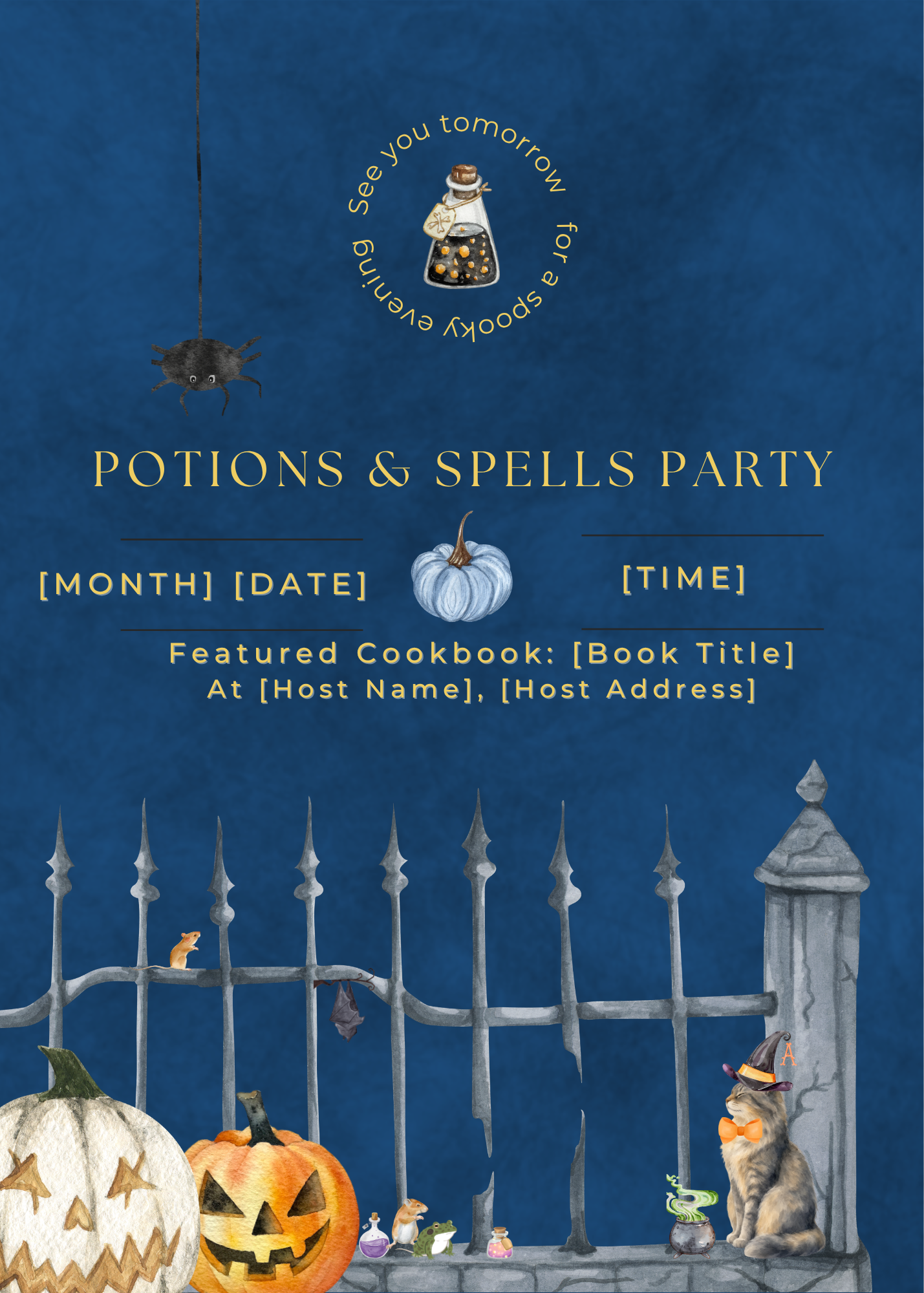 halloween Invitation that features editable text for a Halloween Potions & Spells invite. Set against a dark blue background with gold text. There is a halloween cat, a iron fence, jack o lanternsm small frog and mouse for interest.